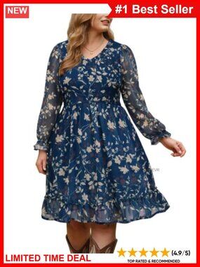 Plus Size Floral Chiffon Midi Dress V-Neck Smocked Long Sleeve A-Line